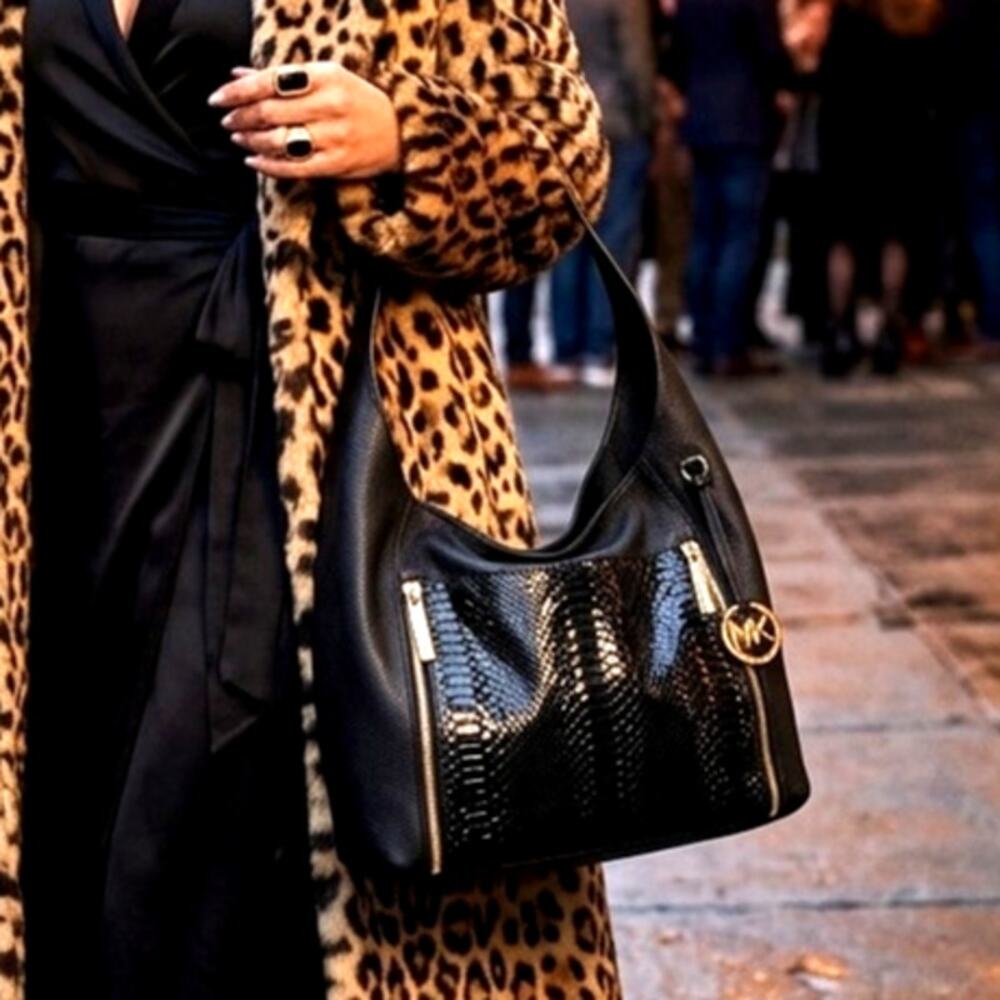 Michael Kors black pebbled leather python-embossed gold accents shoulder bag